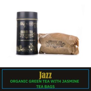 Jazz Organic Jasmine Green Tea bags with Charity Tea Signature tin
